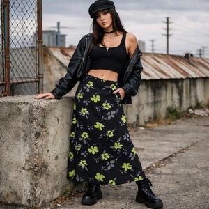 Vintage Innocence Y2K Floral Maxi Skirt Black Lime Green Gray‎ Slip 90s Grunge